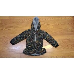 Hanna anderson 120 Kids Floral Print Puffer Jacket with Faux Fur Hood Ruffle Hem